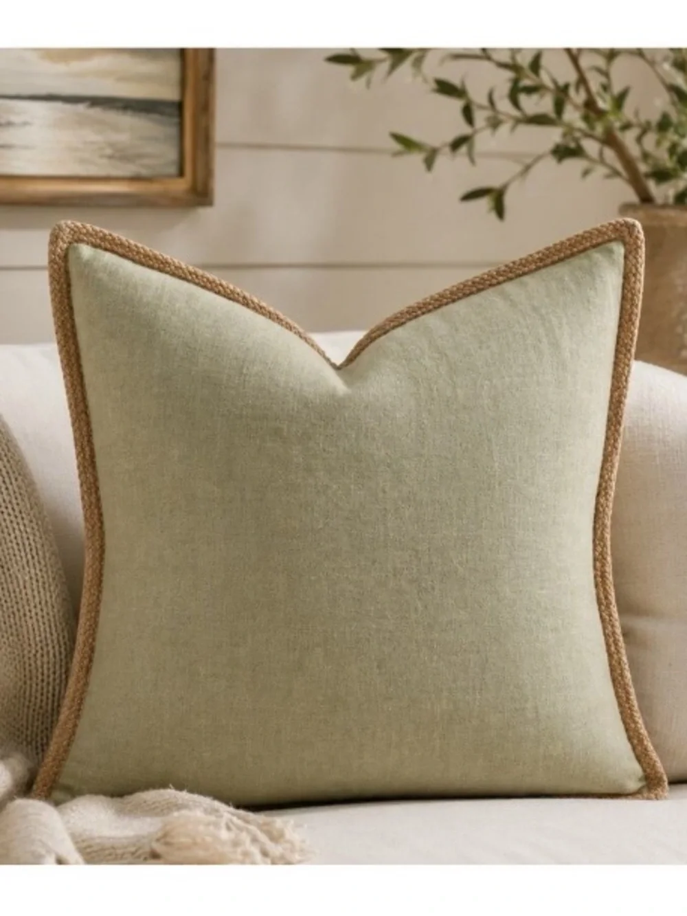 Pottery Barn 100% Linen Braided Jute Trim Accent Pillow Cover Green 20
